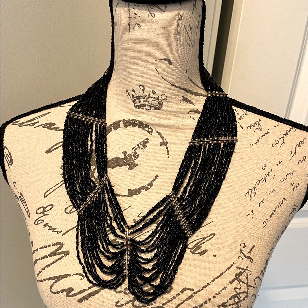 Vintage Multi Strand Hand Strung, Native, Black Seed Bead, Cleopatra Necklace.